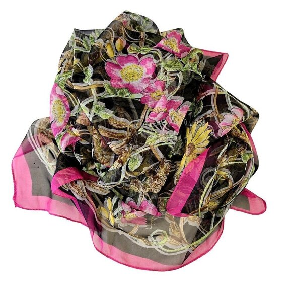 Large Silk Blend Rectangular Scarf Sheer Pink Yellow Floral on Black 42 X 76 - Picture 3 of 10